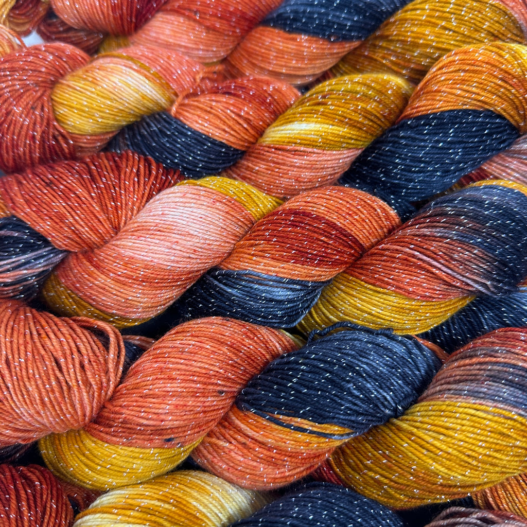 Figment sparkly sock yarn Fire on the Mountain
